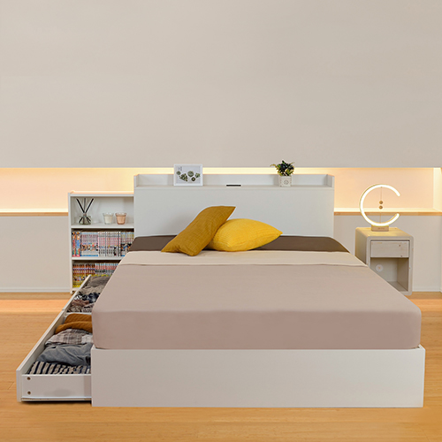 本棚付引出し収納ベッド ホワイト ダブルサイズ ポケットコイルマットレス プレミアム